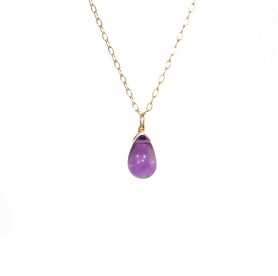 Amethyst necklace, healing crystal teardrop pendant, purple gemstone, February birthstone, everyday necklace, 14k gold filled chain