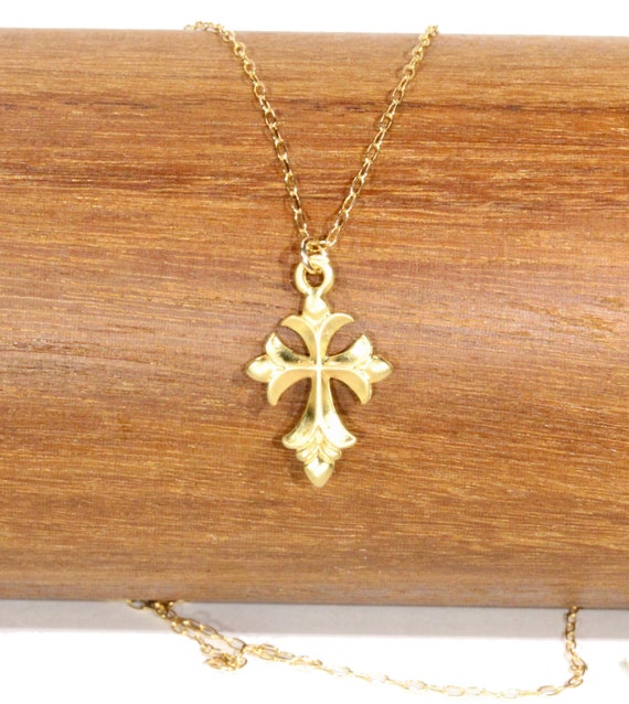 Cross necklace, ornate gold cross pendant, orthodox cross pendant, madonna necklace, religious cross necklace, 14k gold filled chain