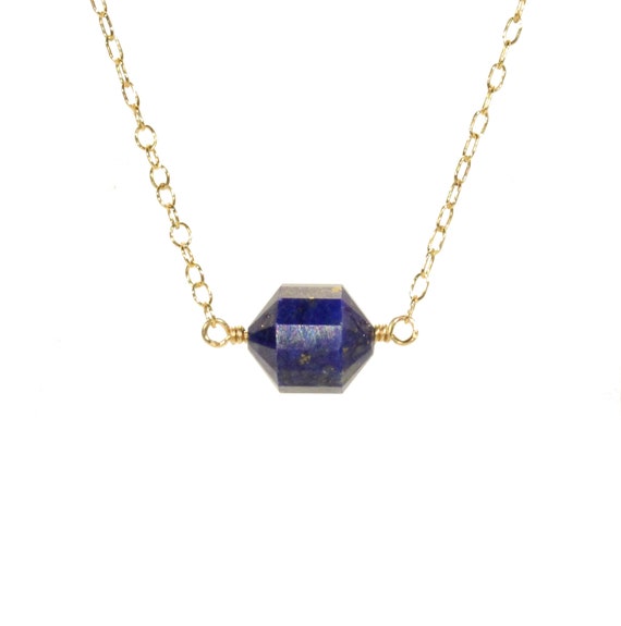 Blue stone necklace, Lapis lazuli necklace, healing crystal, horizontal necklace, chakra necklace, 14k gold filled chain