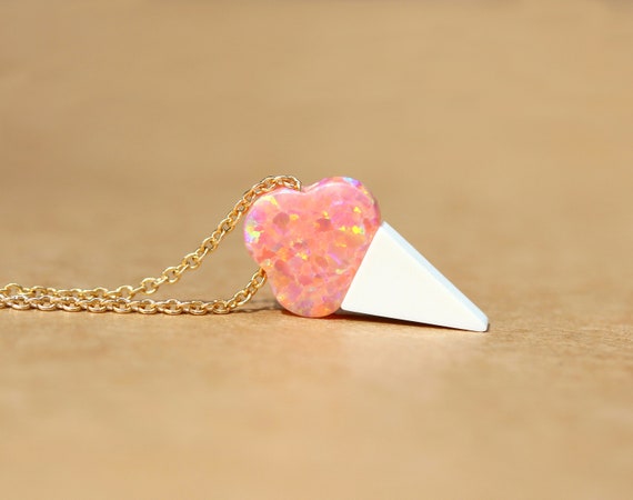 Ice cream cone necklace, candy necklace, fire opal pendant, happy kawaii charm, dainty 14k gold filled chain