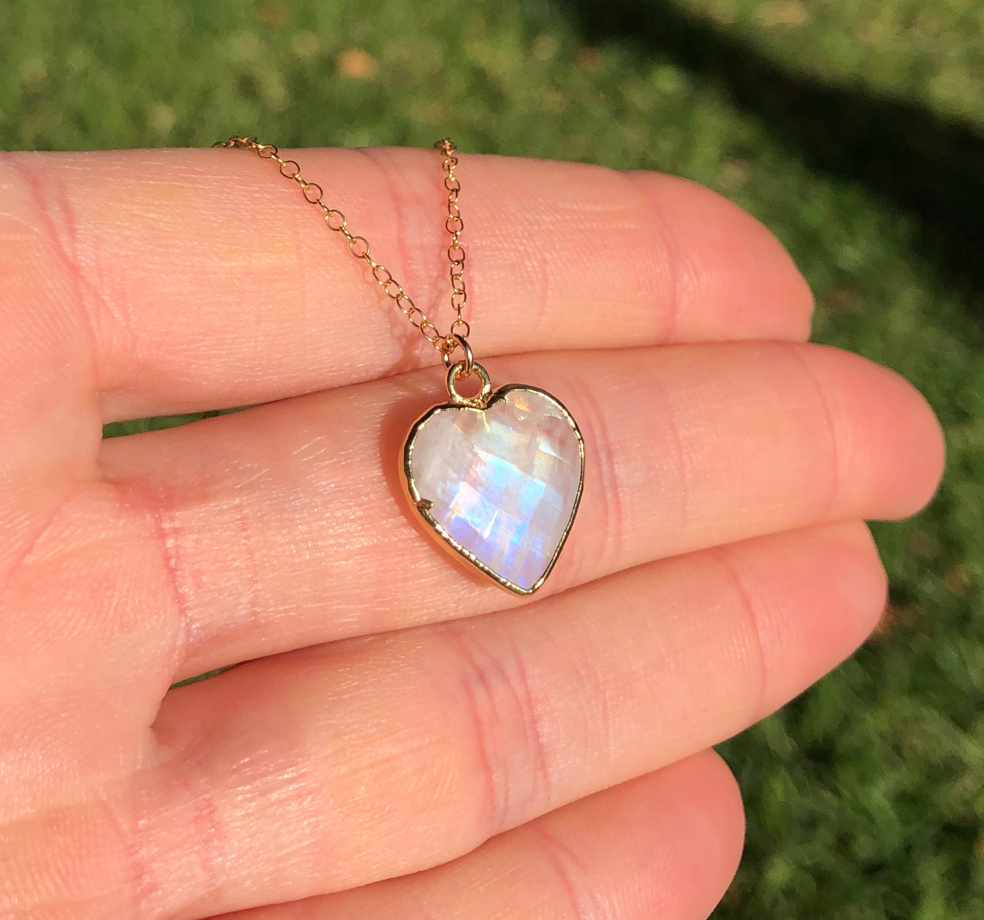 Moonstone necklace, rainbow moonstone heart pendant, gold heart