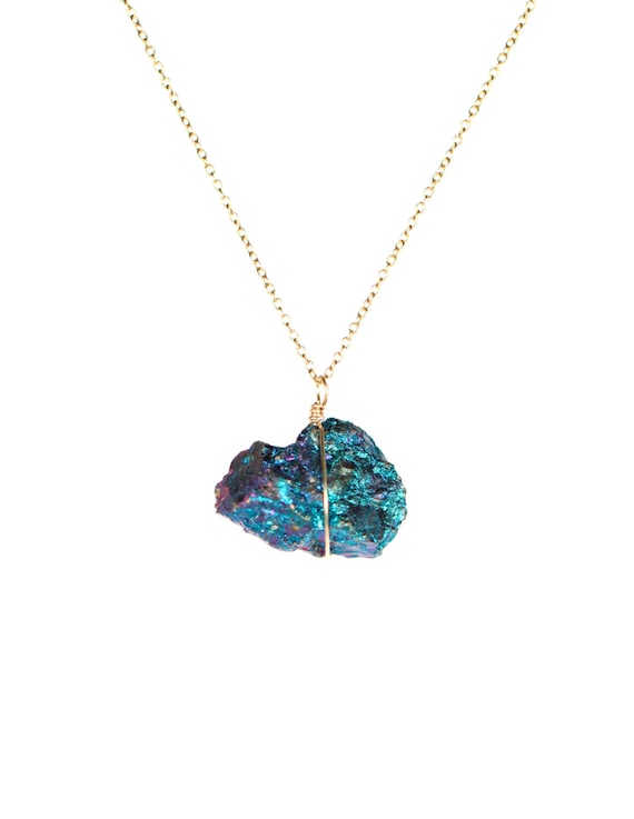 Peacock ore necklace, rainbow rock necklace, chalcopyrite jewelry, a rainbow bornite wire wrapped onto a dainty 14k gold filled chain