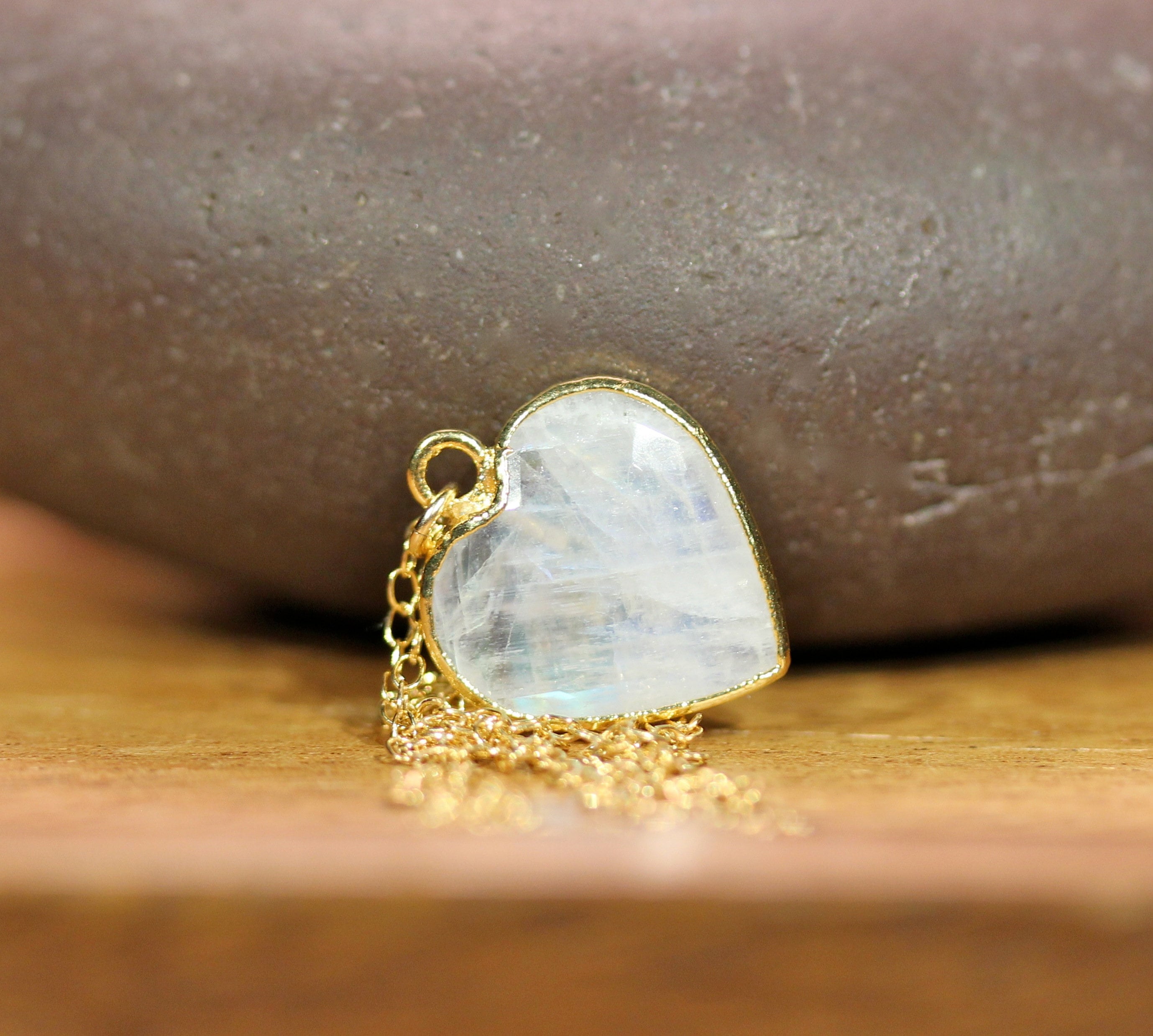 Moonstone necklace, rainbow moonstone heart pendant, gold heart