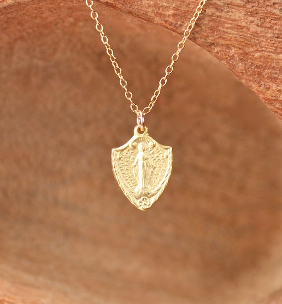 Virgin mary necklace - sacred heart necklace - religous necklace - catholic necklace - a gold vermeil crest on a 14k gold vermeil chain