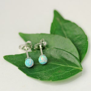 May include: A pair of silver stud earrings with round, iridescent opal stones. The stones are a light blue color with hints of pink and white.