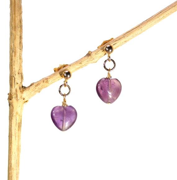 Purple amethyst heart earrings, dainty gold stud earrings, drop earrings, February birthstone earrings