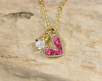 Pink gem heart necklace - tiny heart necklace - love necklace - crystal heart charm necklace - bff necklace