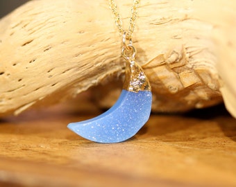 Blue moon necklace, crescent moon necklace, blue druzy moon pendant, moon, something blue, crystal moon necklace, 14k gold filled chain