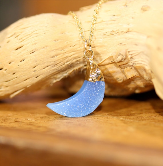 Blue moon necklace, crescent moon necklace, blue druzy moon pendant, moon, something blue, crystal moon necklace, 14k gold filled chain