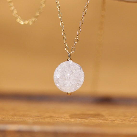 Quartz necklace - druzy necklace - healing crystal necklace - a white druzy disc wire wrapped onto a 14k gold vermeil chain
