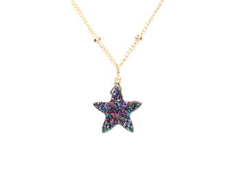 Rainbow star necklace - titanium aura star necklace - druzy star necklace - raw crystal necklace