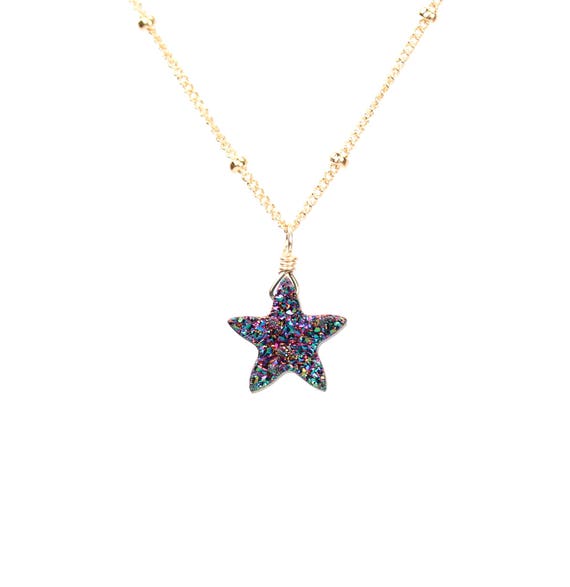 Rainbow star necklace - titanium aura star necklace - druzy star necklace - raw crystal necklace