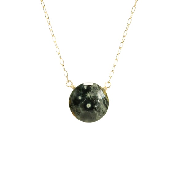 Ocean jasper necklace, natural earth tone stone, circle disc necklace, orbicular jasper on a dainty 14k gold filled chain