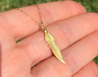 Dainty Gold Feather Necklace: Boho Layering Pendant, 14K Gold Filled Chain