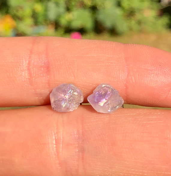 Raw amethyst earrings, raw crystal stud earring, boho rainbow earrings, gift under 25