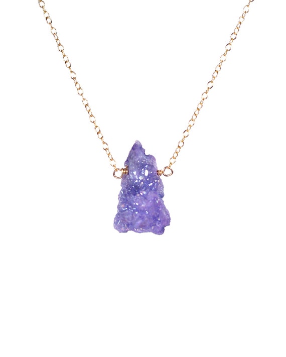 Aura quartz necklace - purple aura quartz necklace - purple crystal necklace - purple aura crystal wire wrapped onto 14k gold vermeil chain