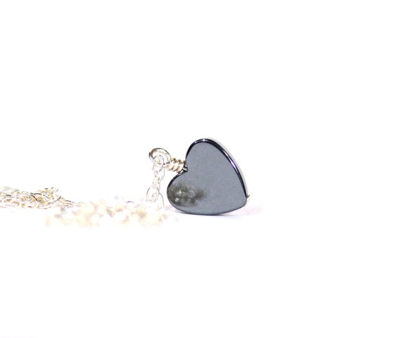 Heart necklace, hematite necklace, tiny heart pendant, anniversary necklace, gift for mom, best friends, black heart, gemstone necklace