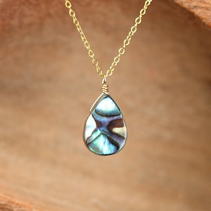 Abalone necklace - shell necklace - teardrop - everyday - a wire wrapped abalone shell on a 14k gold filled or sterling silver chain