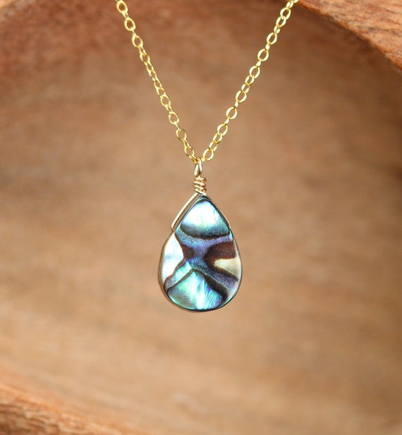 Abalone necklace - shell necklace - teardrop - everyday - a wire wrapped abalone shell on a 14k gold filled or sterling silver chain