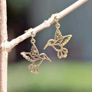 Hummingbird earrings - gold charm earrings - bird earrings - gold dot earrings - dangle earrings - whimsical earrings