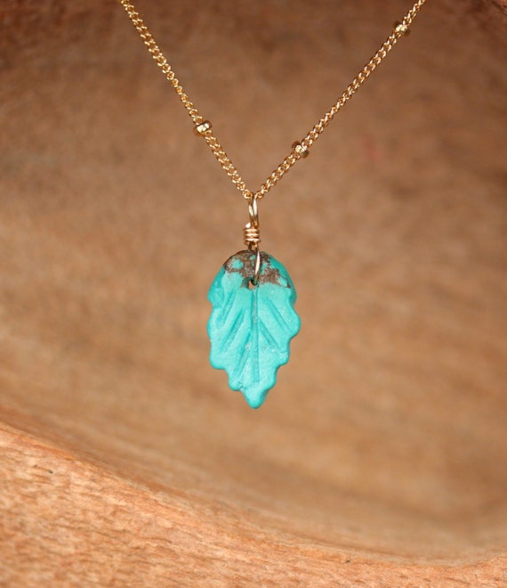 Turquoise leaf necklace - natural turquoise necklace - a wire wrapped hand carved turquoise leaf on a 14k gold filled satellite chain leaf