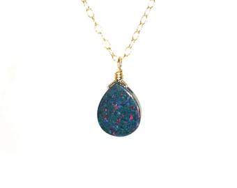 Opal necklace, black opal drop necklace, sparkly gem necklace, fire opal teardrop necklace, dainty 14k gold filled chain