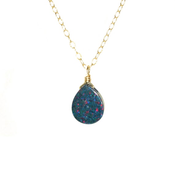 Opal necklace, black opal drop necklace, sparkly gem necklace, fire opal teardrop necklace, dainty 14k gold filled chain