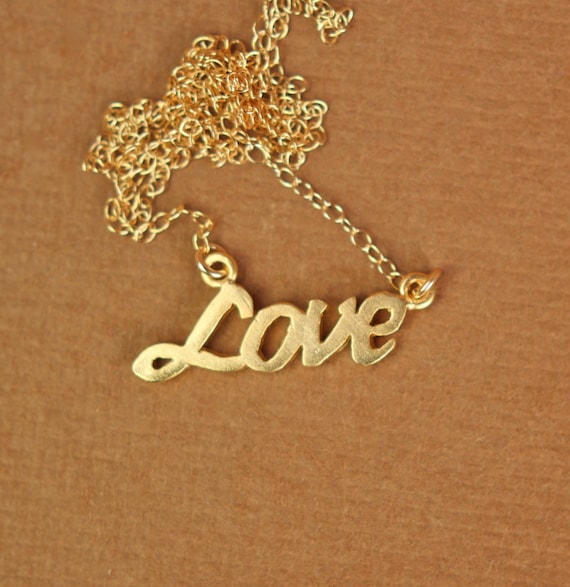 Love necklace, gold love script pendant, love monogram necklace, anniversary necklace, a vermeil gold love charm on 14k gold filled chain