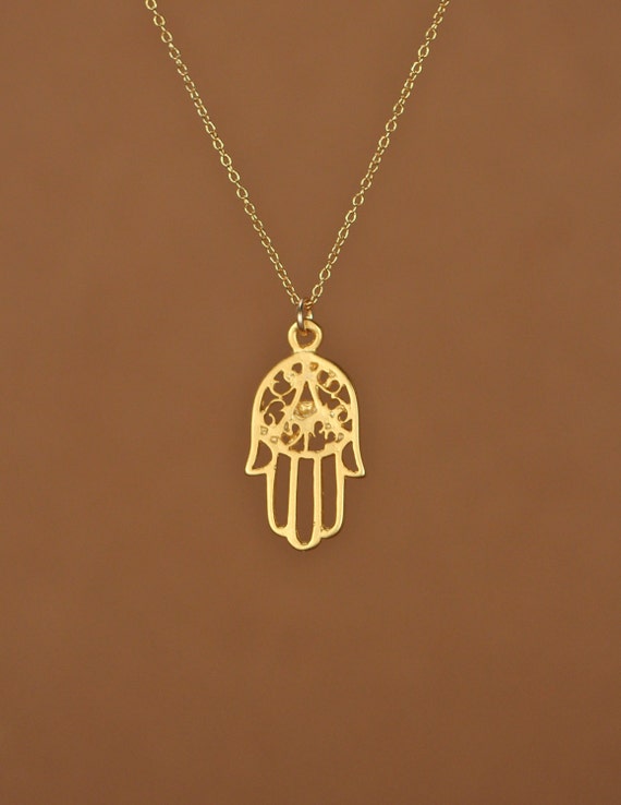 Hamsa necklace - gold hamsa charm - protection necklace - amulet - a filigree style 14k gold vermeil hamsa on a 14k gold filled chain