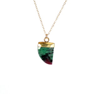 Green Crystal Spike Arrowhead Necklace:  Ruby Zoisite Pendant, 14k Gold Filled Chain