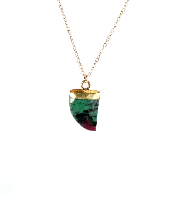 Ruby necklace, ruby zoisite pendant, healing crystal necklace, awwowhead, green mineral necklace, spike necklace, 14k gold filled chain