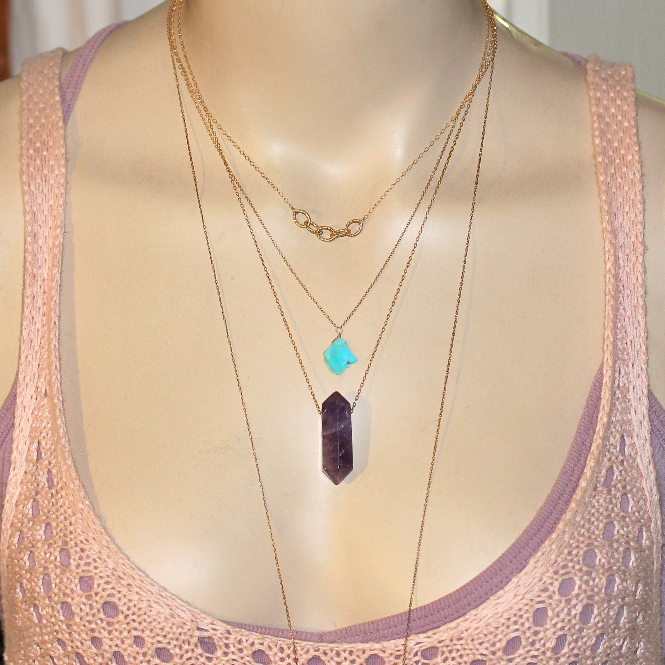 Amethyst necklace - pendulum necklace - spike necklace - double ...