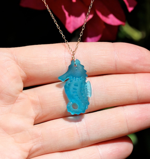 Seahorse necklace, blue sea glass jewelry, tropical beach jewelry, gift for her
