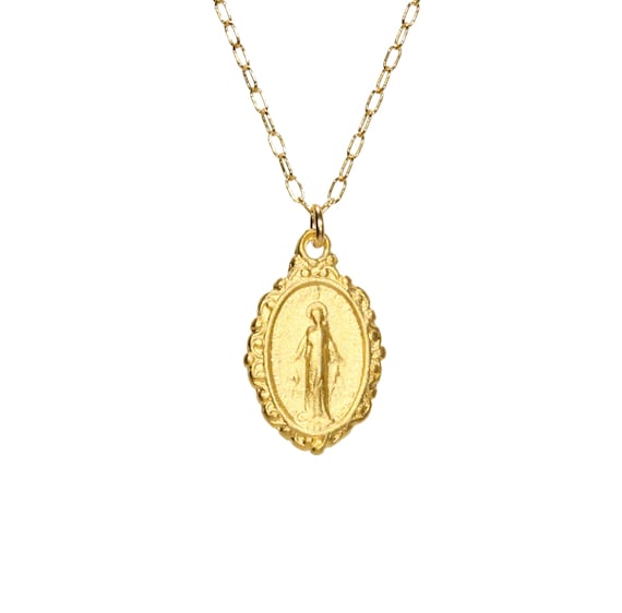 Virgin Mary necklace, miraculous medal necklace, catholic medallion, a 14k gold vermeil mother of god on a 14k gold filled chain