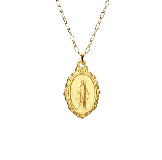 Virgin Mary necklace, miraculous medal necklace, catholic medallion, a 14k gold vermeil mother of god on a 14k gold filled chain