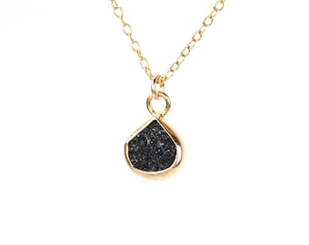 Black druzy necklace, raw crystal necklace, black crystal pendant, sparkly necklace, goth necklace, 14k gold filled chain