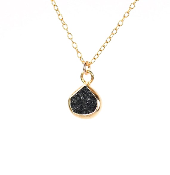 Black druzy necklace, raw crystal necklace, black crystal pendant, sparkly necklace, goth necklace, 14k gold filled chain