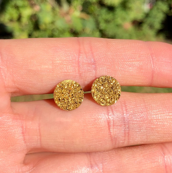 Gold disc earrings, druzy earrings, gold dot earrings, sparkly earrings, circle stud earrings