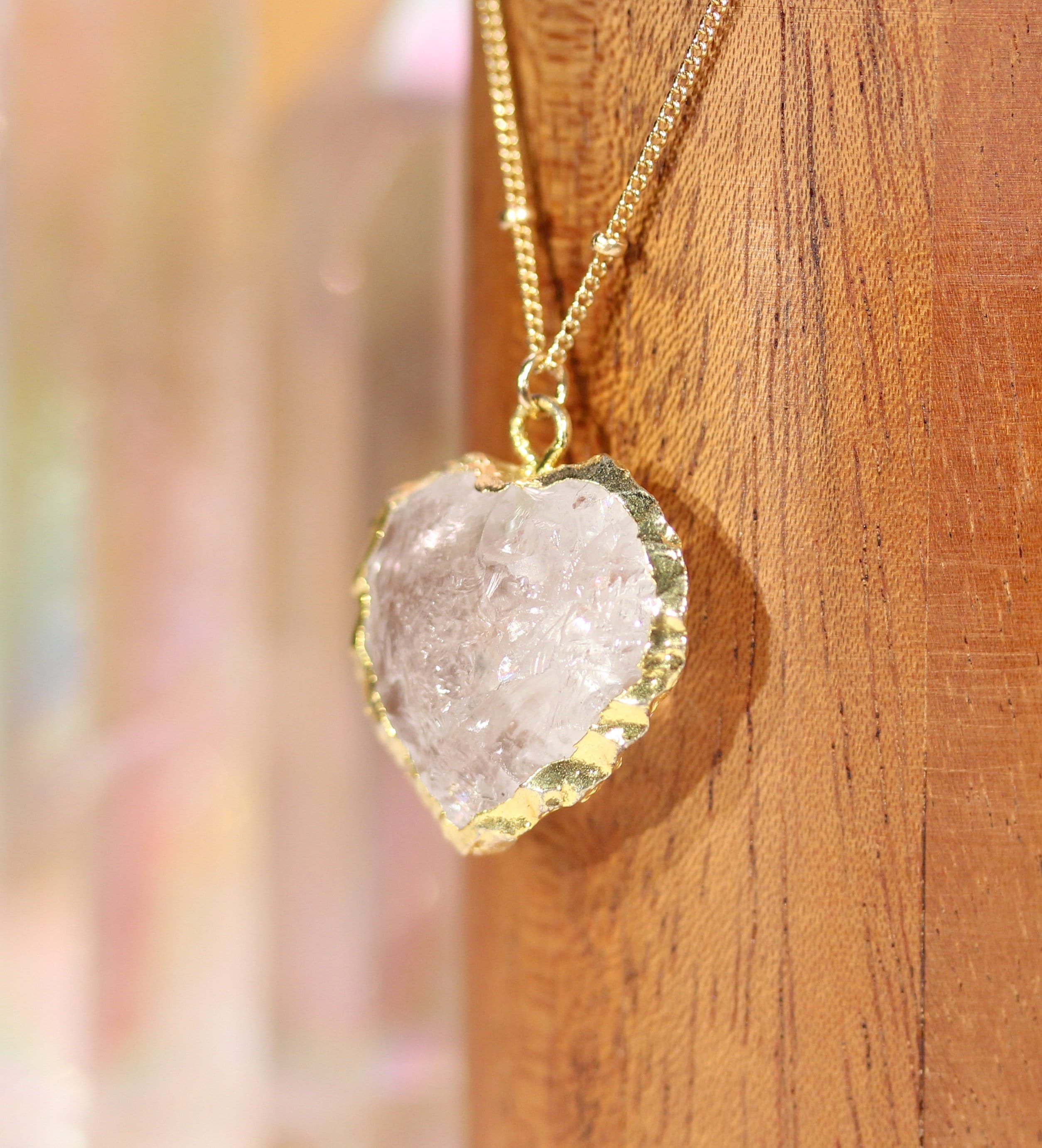 Quartz necklace, raw crystal necklace, crystal heart, heart charm