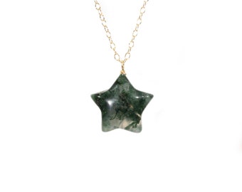 Moss Quartz Star Necklace: Green Crystal Pendant, 14k Gold Filled Chain