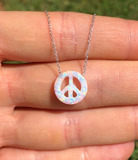 Opal peace necklace, peace sign jewelry, peace symbol, fire opal jewelry, zen, cute gift idea, sterling silver peace necklace