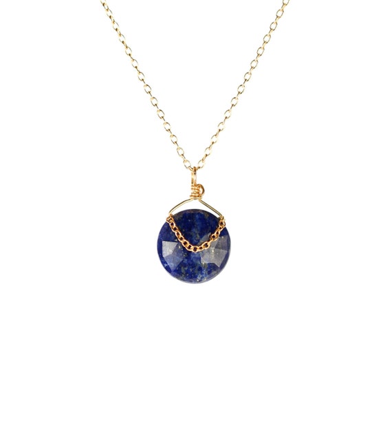 Lapis necklace - lapis lazuli - december birthstone - midnight blue - a genuine lapis gemstone wire wrapped onto on a 14k gold filled chain