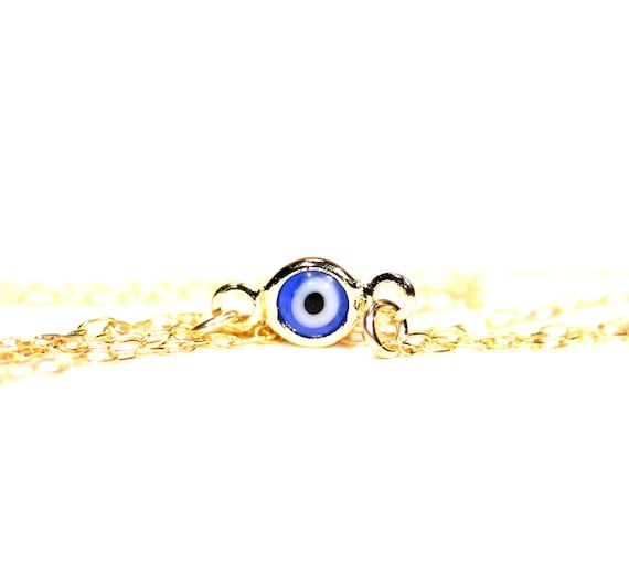 Tiny blue evil eye necklace, third eye, all seeing eye on a 14k gold vermeil chain, gift under 20, energy protection necklace, glass eye