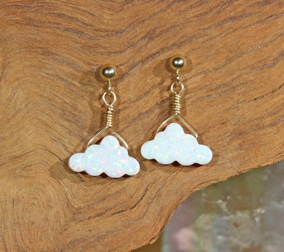 Opal cloud earrings on 14k gold filled posts, opal earrings, cute gold earrings, fire opal stud earrings, fun gift idea, best friends gift
