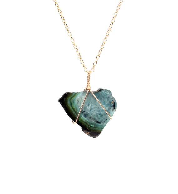 Green tourmaline slice necklace - raw tourmaline necklace - healing crystal necklace - a wire wrapped tourmaline on a 14k gold filled chain