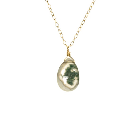 Moss agate necklace, teardrop necklace, rutilated quartz,  healing crystal pendant, green moss agate on a 14k gold filled chain