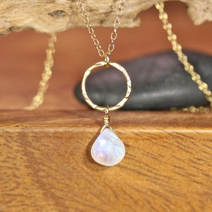 Rainbow moonstone necklace, dainty crystal necklace, June birthstone necklace, teardrop necklace, gangle necklace, gold circle, gold hoop