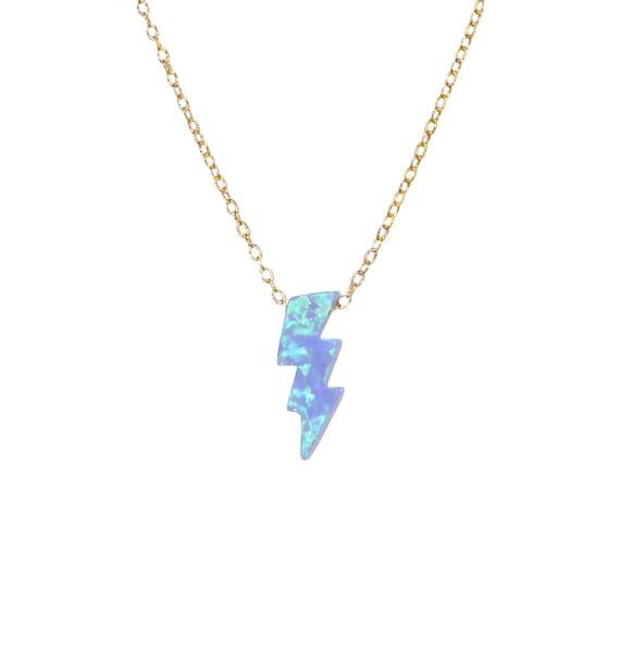 Lightning bolt necklace, blue opal necklace, Opal lightning bolt pendant, thunder bolt necklace, celebrity necklace, 14k gold filled chain