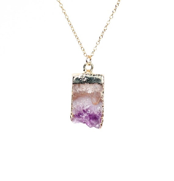 Amethyst slice necklace, raw amethyst crystal pendant, February birthstone jewelry, dainty 14k gold filled chain