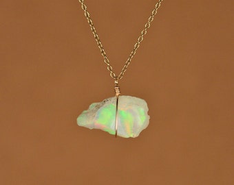 Opal necklace - raw opal - genuine opal - natural opal - a raw genuine opal wire wrapped onto a 14k gold filled chain